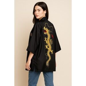 Vintage Japanese Haori Kimono Jacket Dragon Embroidered Satin Unisex Festival